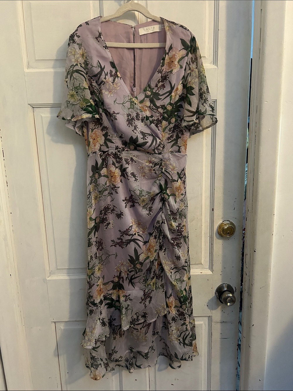 ASTR Lavender Floral Wrap-Style Midi Dress with Ruffle Hem
